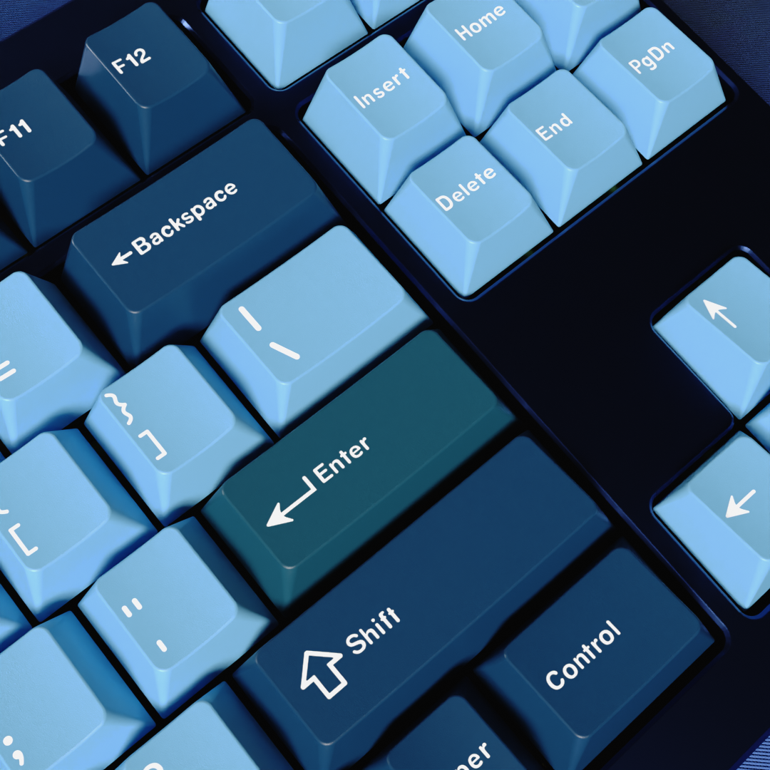The allblu keycap set good for all mechanical keyboards with light blue keycaps and an off white legend the deep blue accents.